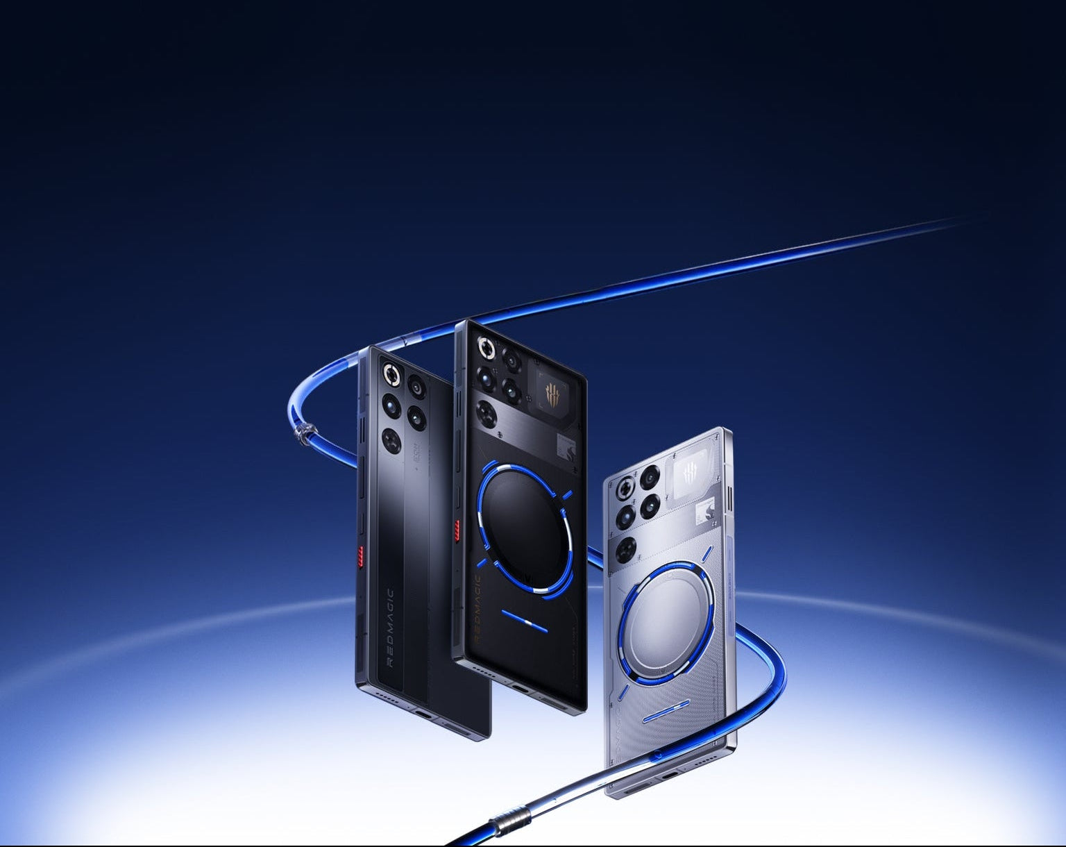 Three smartphones displayed against a blue gradient background