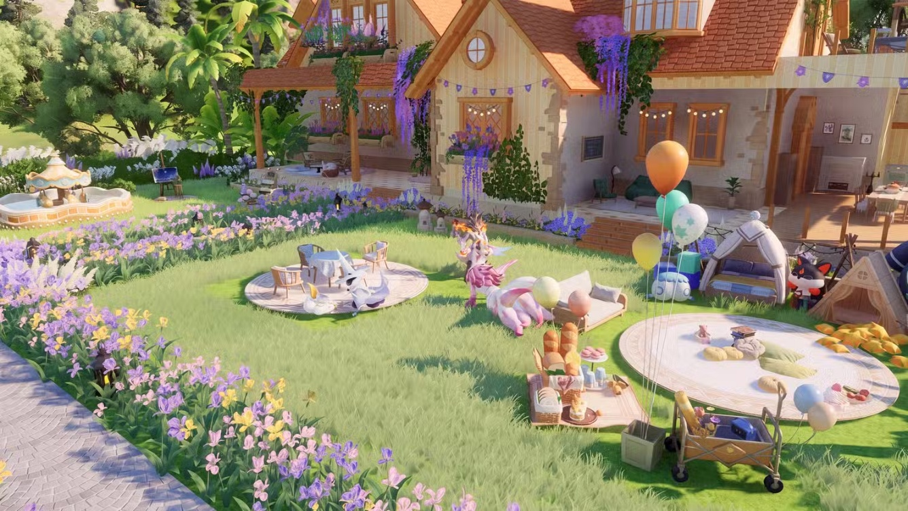 A colorful and relaxing garden picnic scene featuring various creatures in the Aniimo open-world game.   